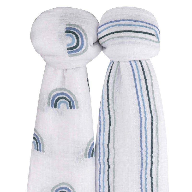 Ely's & Co. Cotton Muslin Swaddle Blanket 2-Pack for Baby Boy â€” 100% Cotton Muslin Extra-Large Swaddle Blankets (47â€ x 47â€) Blue Rainbows | Blue Stripes - Image 2